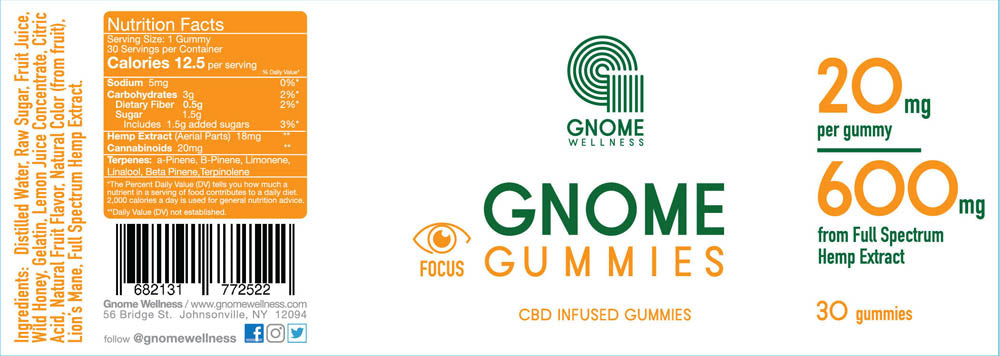 CBD Infused FOCUS Gummies 600mg CBD from Full Spectrum Hemp Extract (20mg per gummy)-GNOME WELLNESS